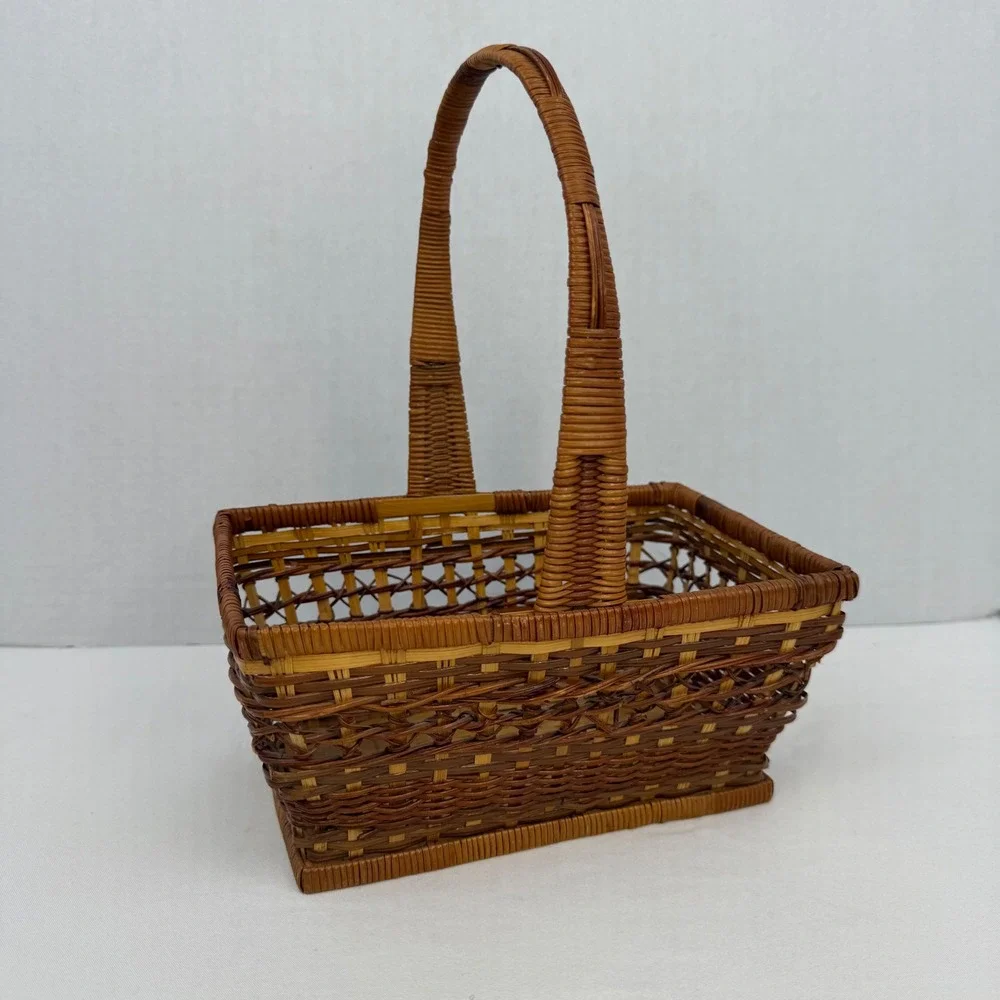 Vintage Wicker Basket Rectangular Woven Handle Brown Tan Decorative Storage